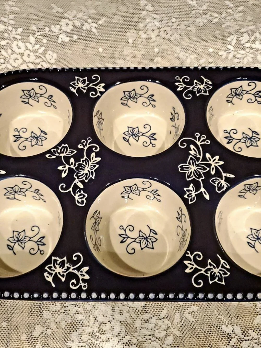 Temptations Cobalt Blue & White Floral Lace 6 Hole Cupcake Muffin Baker